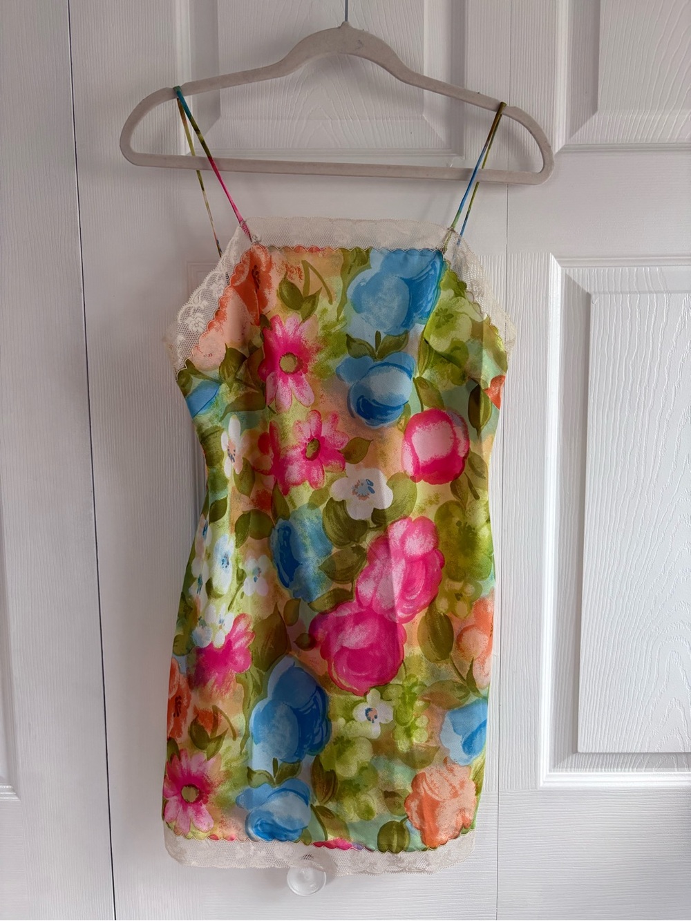 VNTG Trillium Floral Slip Dress Watercolor Bloom Lace Trim S Mini Bodice Baddie